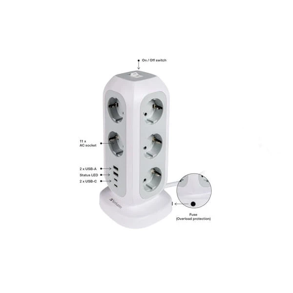 Verbatim Produžni kabl sa 11 utičnica sa USB i USB-C2m Power Tower, Bijela