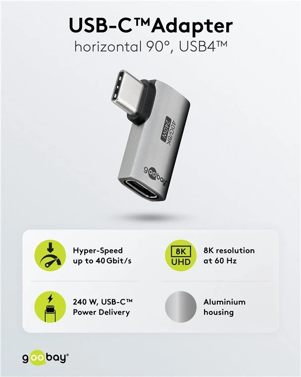Goobay USB-C™ adapter Horizontalni 90°USB4™, Srebrna boja