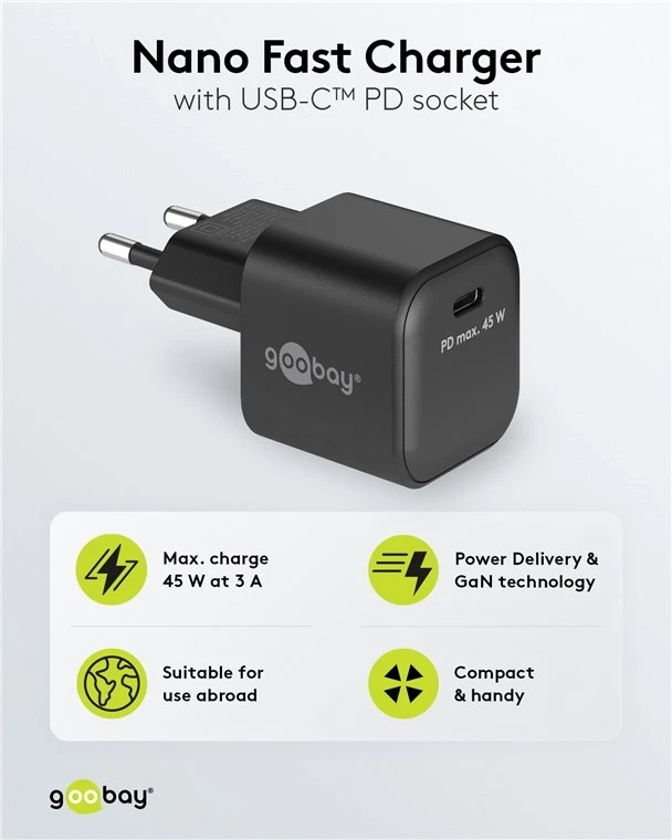 Goobay USB-C™ PD GaN brzi punjač Nano (45 W) i, Crna