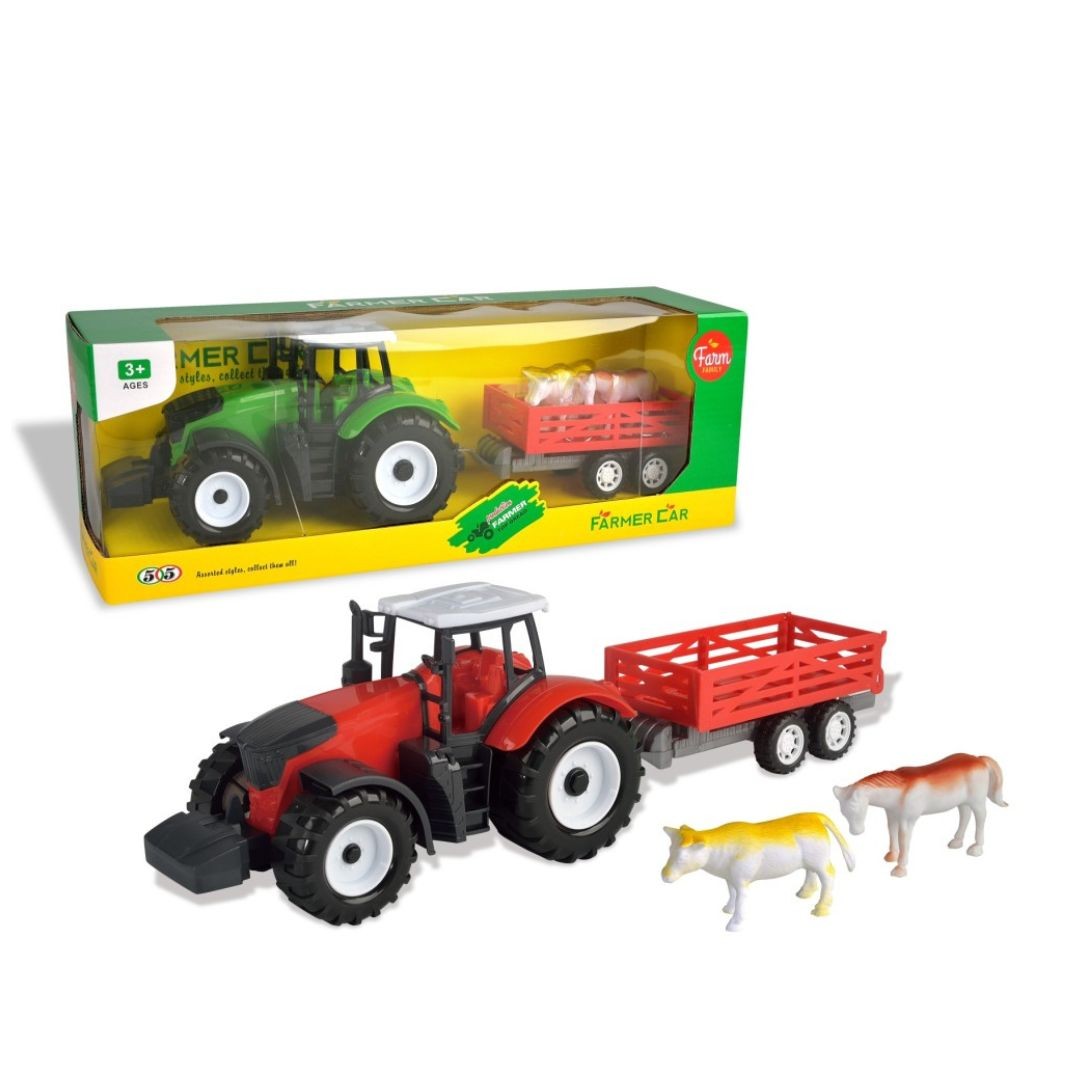 Igračka traktor sa prikolicom i životinjama 0538, Crvena