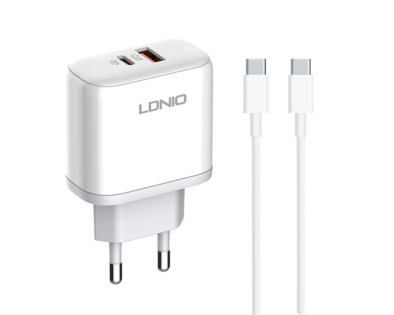 Ldnio A2526C 45W QC4.0 Dual USB-A/USB-C punjač   Tip-C na  Tip-C kabl, Bijeli