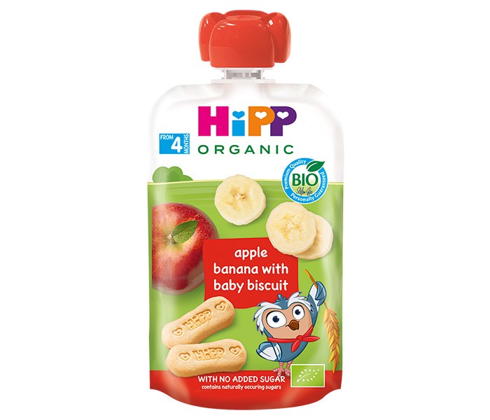HIPP Hippis Voćni pire za djecu Jabuka, banana i dječji keks 6M+, 100g