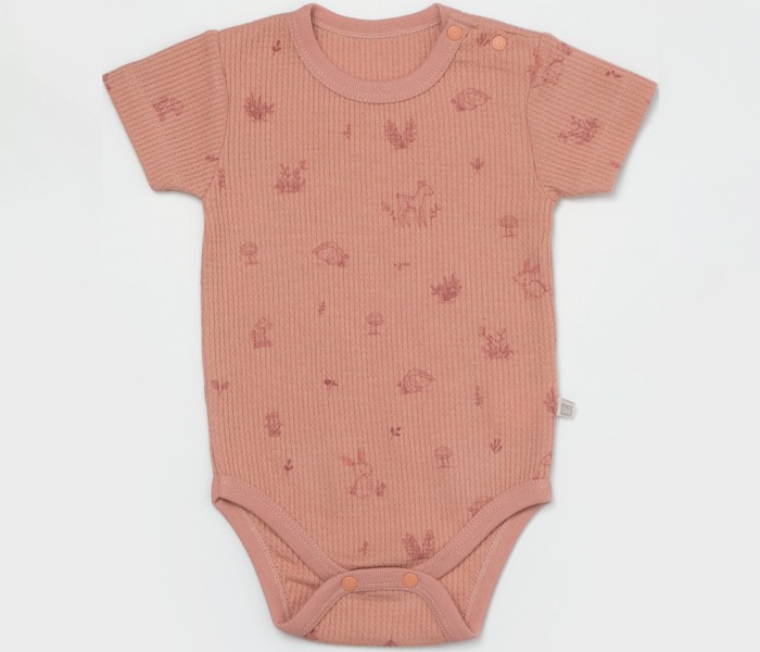 BiOrganic Bodi za bebe kratkih rukava, jelen i ptičica,  Bež sa rozim