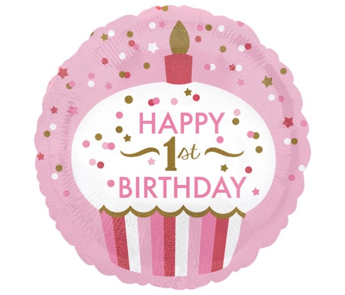 Amscan Klasični balon od folije 1st Birthday Cupcake Girl okrugli 43cm, Roze