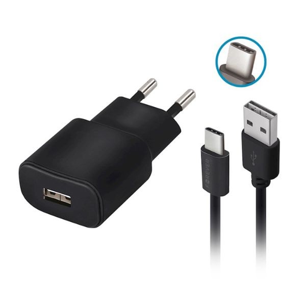 TC-01 charger 1x USB 2A black + USB-C cable GSM032681