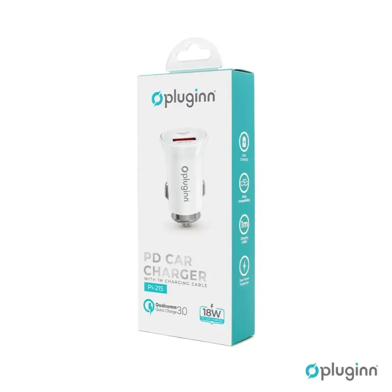 Pluginn PI-21S Auto punjač, PD 20W, QC 3.0, 18W, Tip C na Lightning, Bijeli