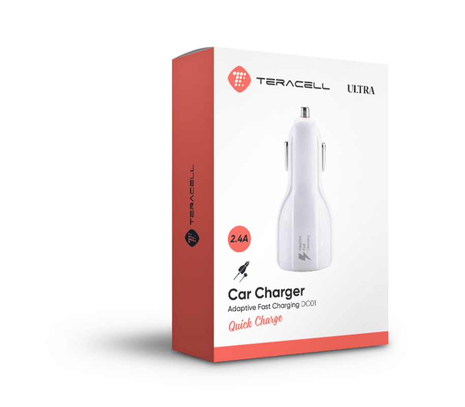 Teracell Ultra DC01 Auto punjač, 2.4A, iPhone kabl, Bijeli