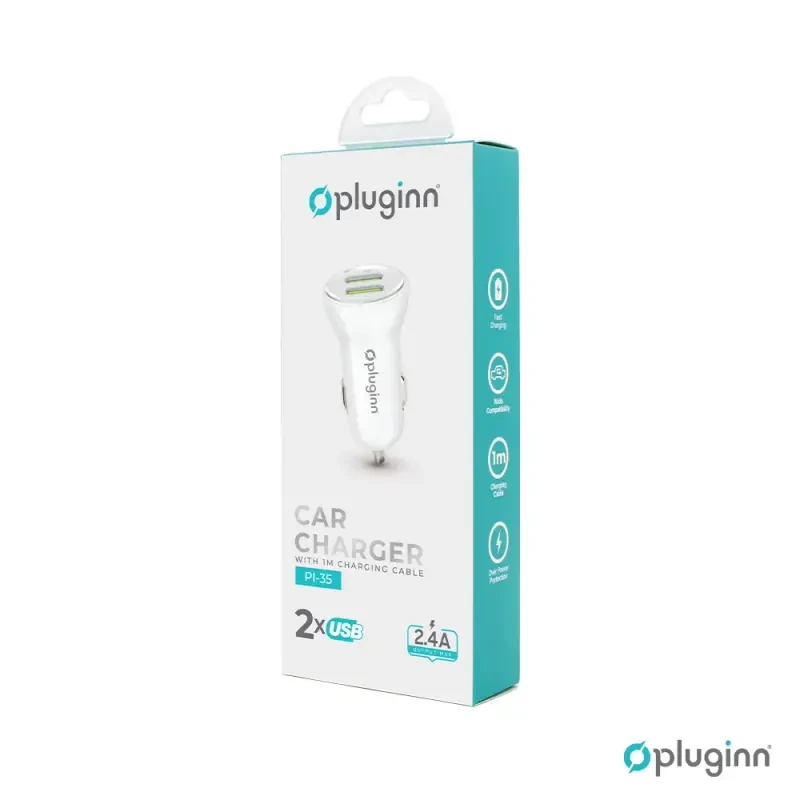 Pluginn PI-35 Auto punjač, 2xUSB, 2.4A, Lightning, Bijeli
