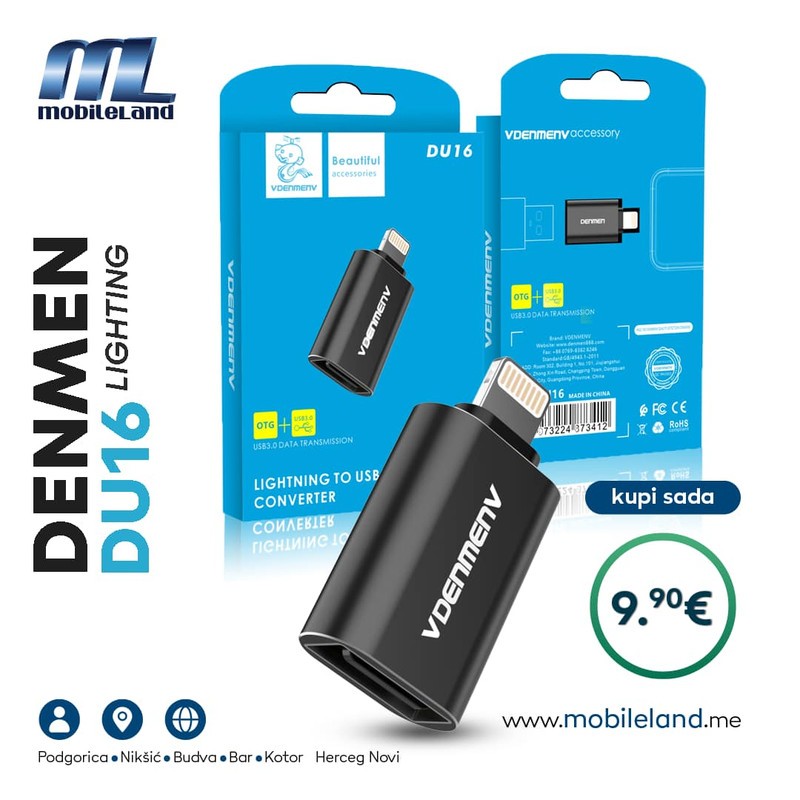 Denmen DU16 Adapter Lightning na USB, 3.0, Crni