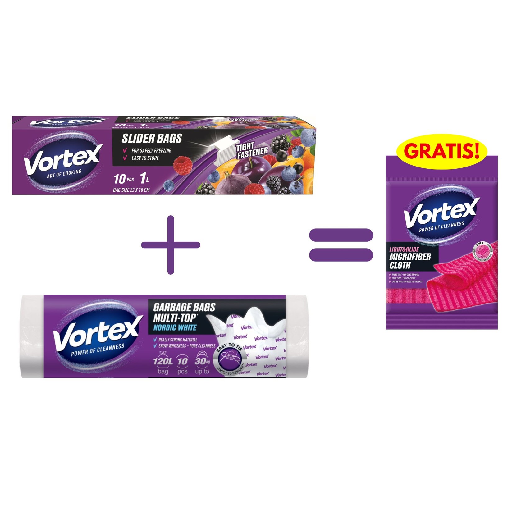 Vortex Kese Za Zamrzivač-Skladištenje Sa Slajderom 1L / 10Kom + Vortex Kese Za Smeće Sa Vezicama Nw 80X105Cm 120L / 10Kom +  Vortex Krpa Mikrofiber Light&Glide 1Kom (GRATIS)