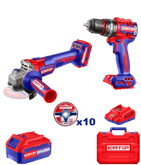 Brusilica ELAG27153, 20 V, 115 mm disk, M14 + - Bušilica ECIDL206681: 20 V, 30.000 ud/min, 66 Nm, 13 mm, LED svetlo, Metalno podnožje