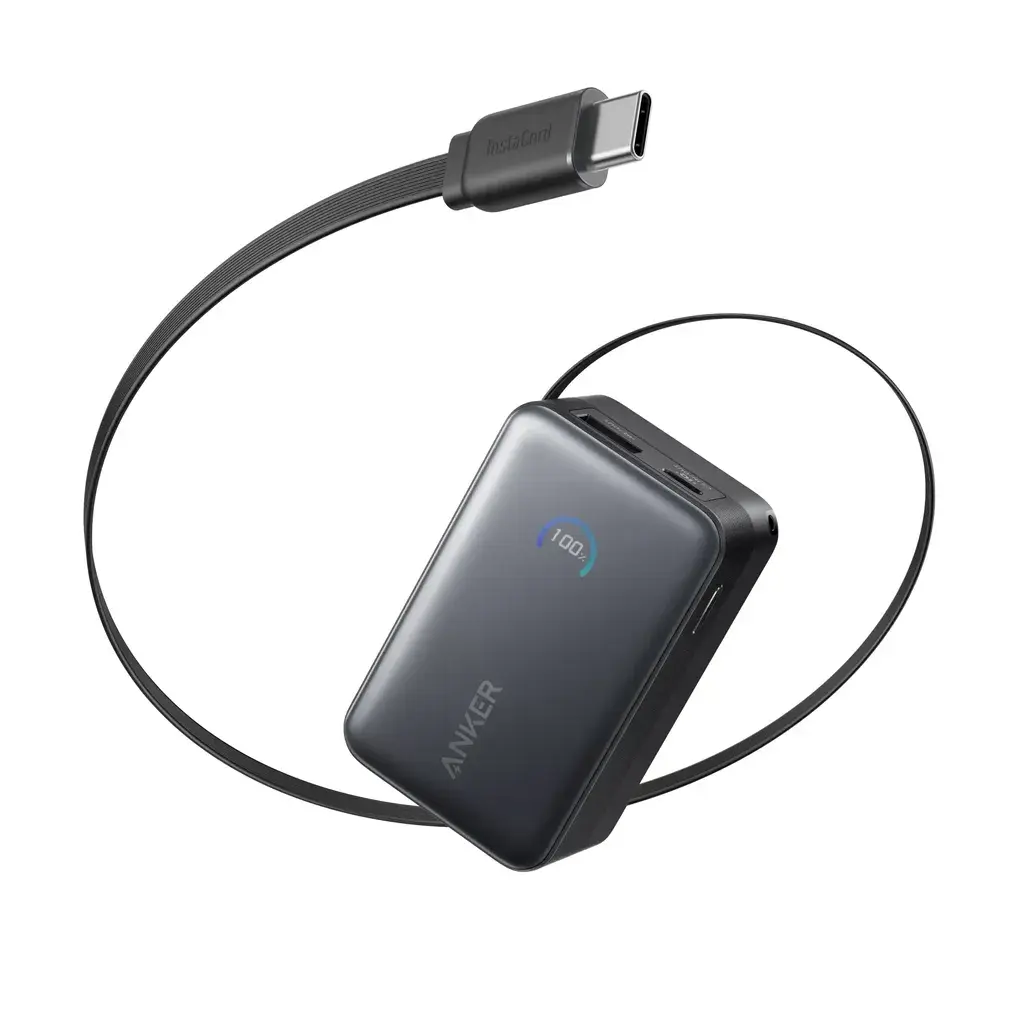Anker Power Bank Nano, 10K, 45W, ugrađeni uvlačivi USB-C kabel, crna