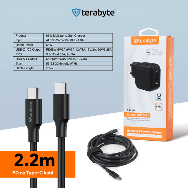 Terabyte TR65W Kućni punjač, GaN, PPS PD, QC, 3.0, 65W, PD Tip-C kabl, Crni