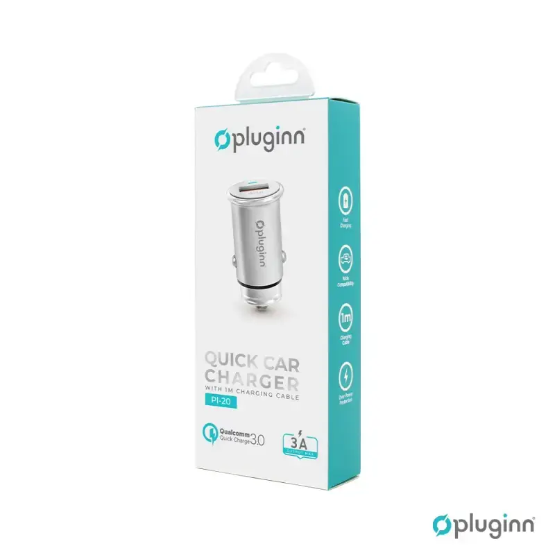 Pluginn PI-20 Auto punjač, QC 3.0, 3A, 18W, Lightning, Srebrni